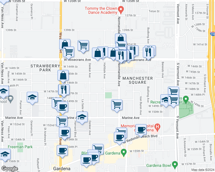 map of restaurants, bars, coffee shops, grocery stores, and more near 1450 West 146th Street in Gardena