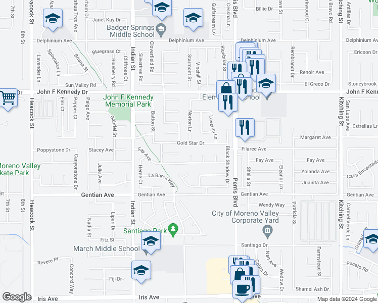 map of restaurants, bars, coffee shops, grocery stores, and more near 15281 Witczak Court in Moreno Valley