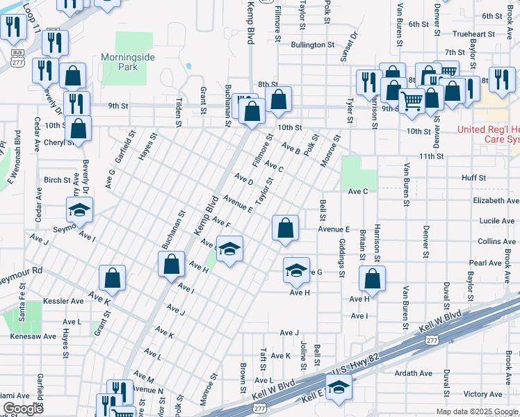map of restaurants, bars, coffee shops, grocery stores, and more near 1410 Polk Street in Wichita Falls
