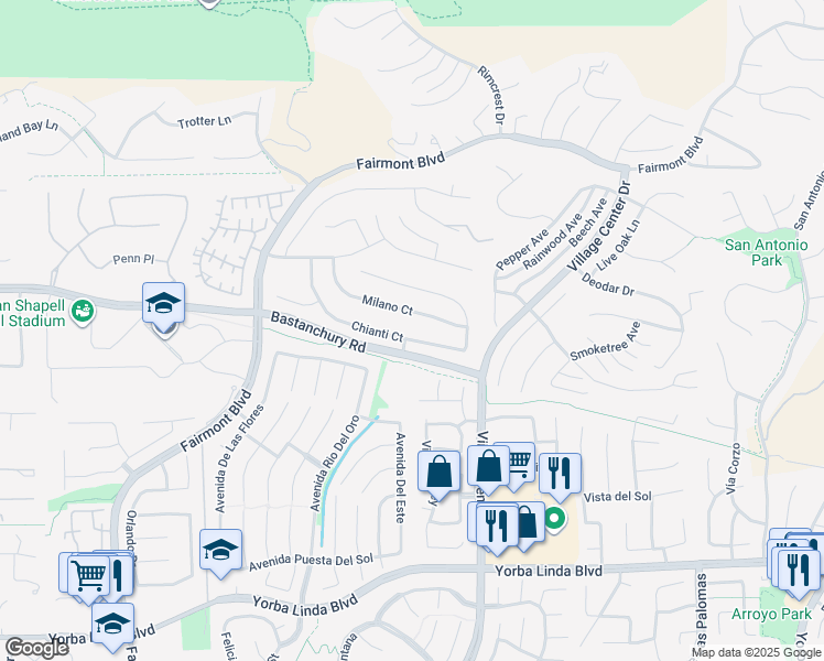map of restaurants, bars, coffee shops, grocery stores, and more near 20365 Chianti Court in Yorba Linda