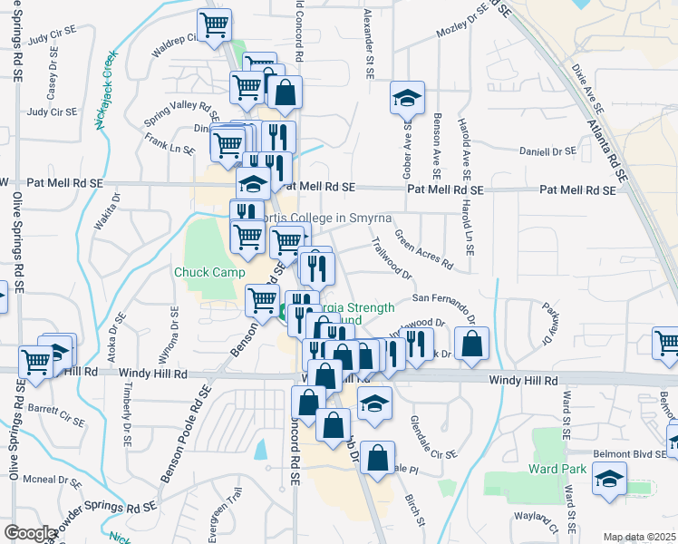 map of restaurants, bars, coffee shops, grocery stores, and more near 2232 Old Spring Road in Smyrna