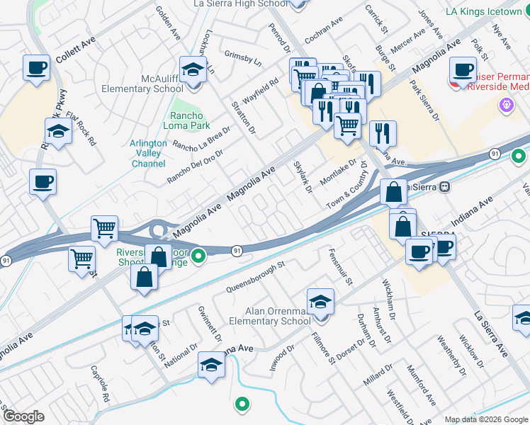 map of restaurants, bars, coffee shops, grocery stores, and more near 3701 Fillmore Street in Riverside