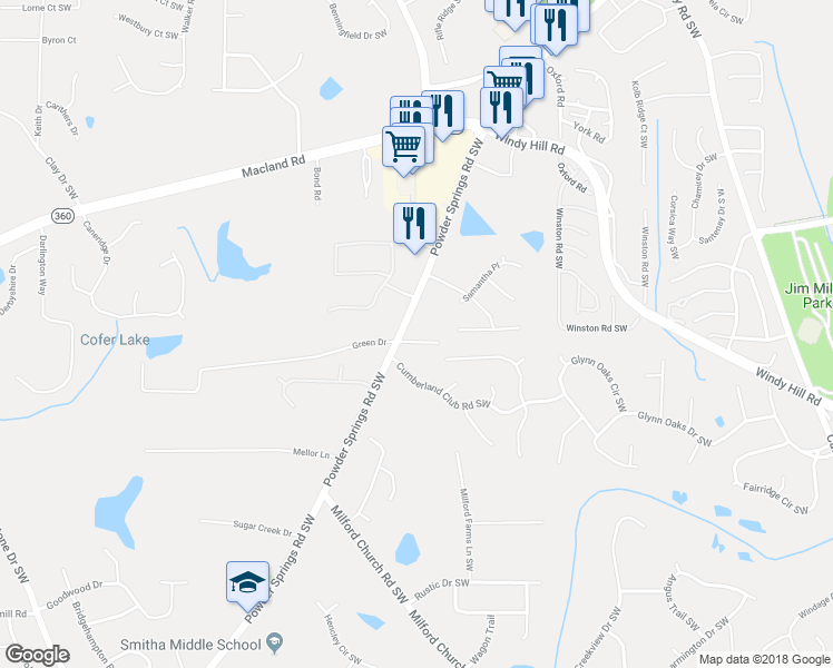 map of restaurants, bars, coffee shops, grocery stores, and more near 1809 Powder Springs Road Southwest in Marietta