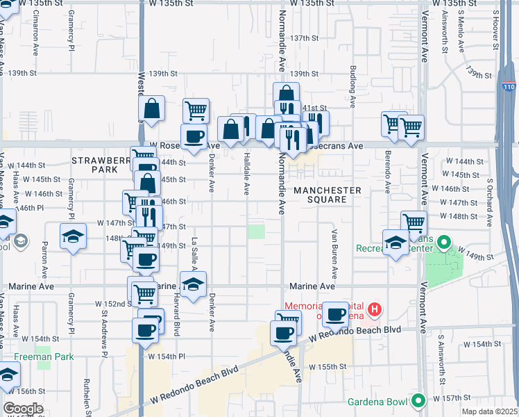 map of restaurants, bars, coffee shops, grocery stores, and more near 1438 West 146th Street in Gardena