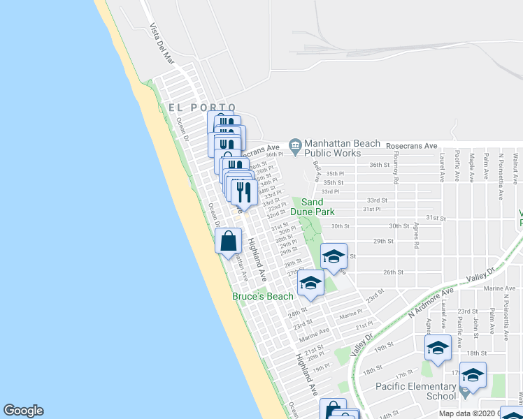 map of restaurants, bars, coffee shops, grocery stores, and more near 3215 Vista Drive in Manhattan Beach