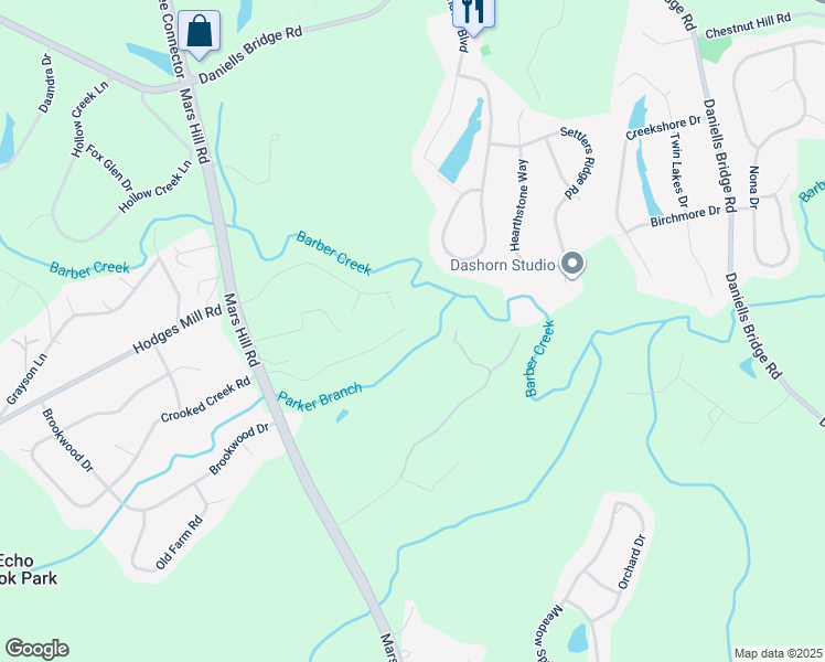 map of restaurants, bars, coffee shops, grocery stores, and more near 1180 Pebblestone Drive in Watkinsville