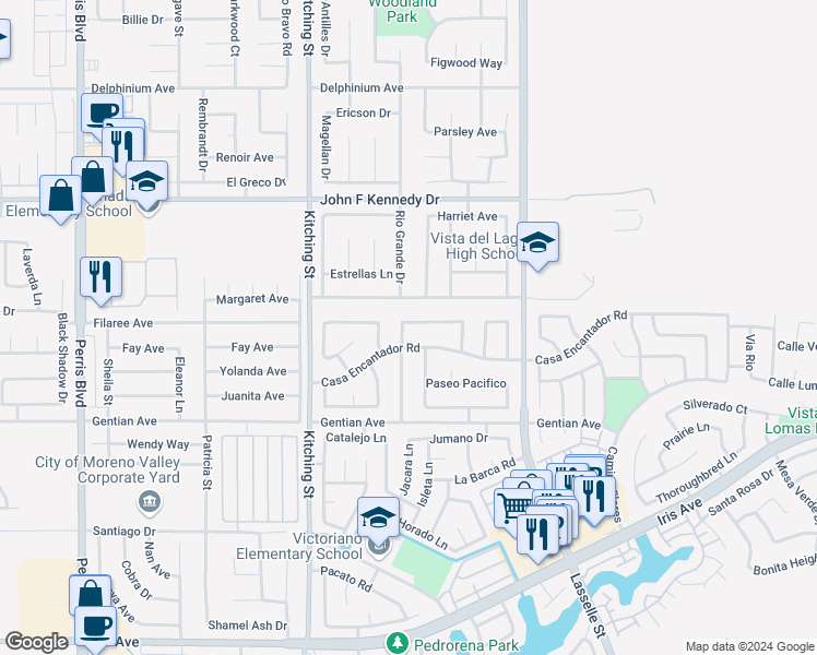 map of restaurants, bars, coffee shops, grocery stores, and more near 15304 Casa Grande Street in Moreno Valley