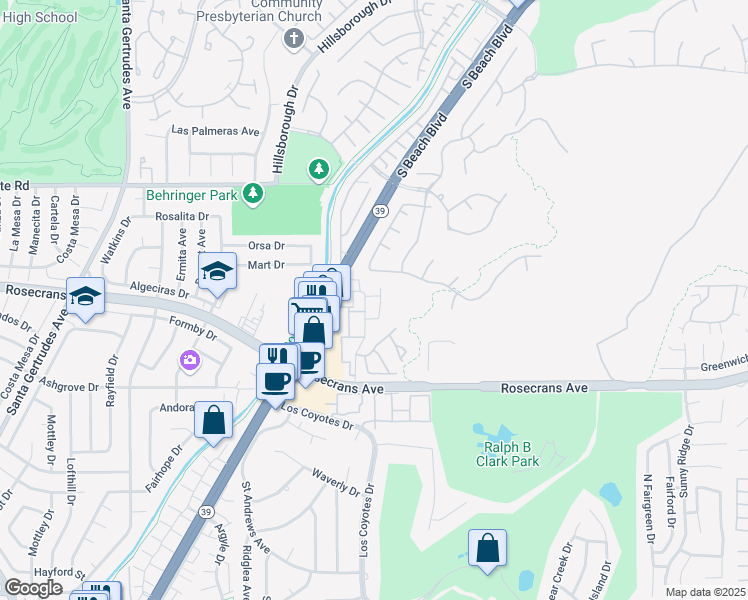 map of restaurants, bars, coffee shops, grocery stores, and more near 3054 Colt Way in Fullerton