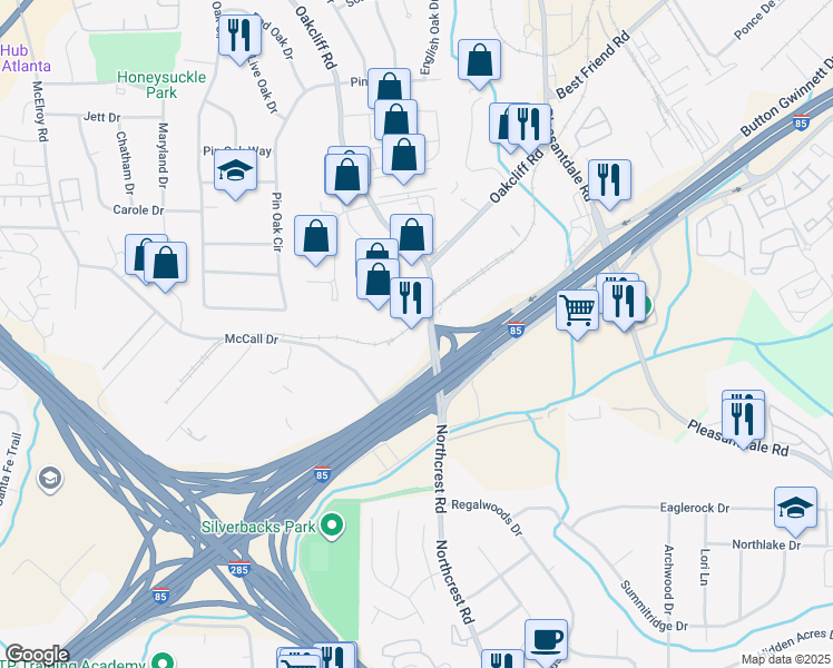 map of restaurants, bars, coffee shops, grocery stores, and more near 3685 Northcrest Road in Atlanta