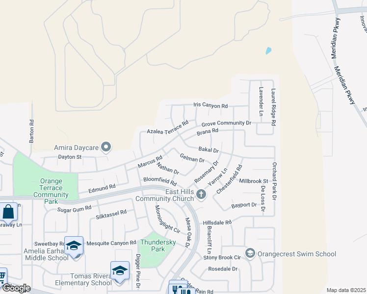 map of restaurants, bars, coffee shops, grocery stores, and more near 20621 Bakal Drive in Riverside