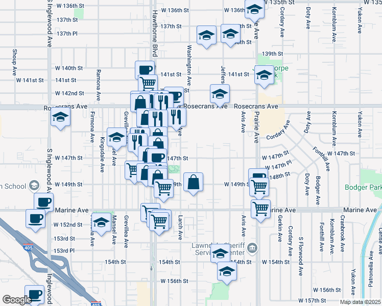 map of restaurants, bars, coffee shops, grocery stores, and more near 4231 West 147th Street in Lawndale
