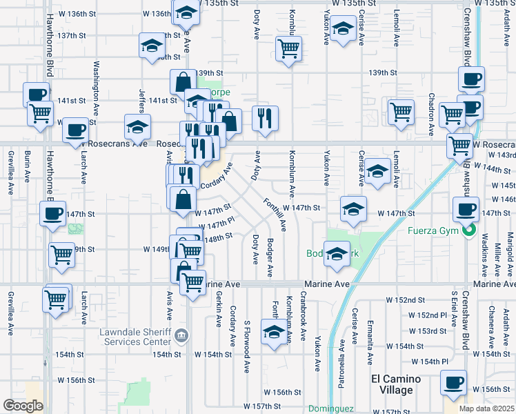 map of restaurants, bars, coffee shops, grocery stores, and more near 14718 Bodger Avenue in Hawthorne