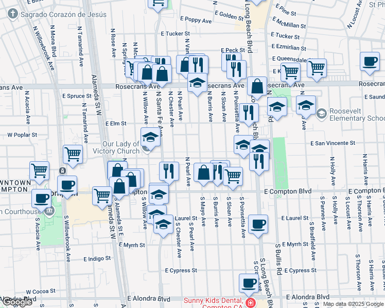 map of restaurants, bars, coffee shops, grocery stores, and more near 909 East Palmer Street in Compton