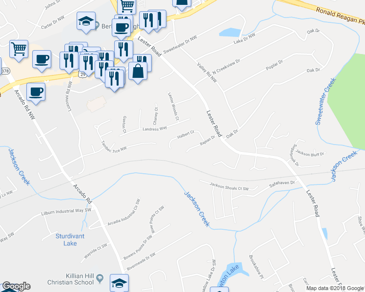 map of restaurants, bars, coffee shops, grocery stores, and more near 3915 Rajean Drive in Lawrenceville
