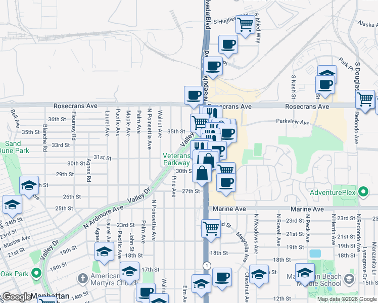 map of restaurants, bars, coffee shops, grocery stores, and more near 3200 North Ardmore Avenue in Manhattan Beach