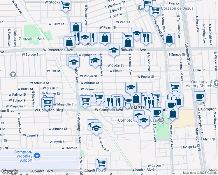 map of restaurants, bars, coffee shops, grocery stores, and more near 521 West Palmer Street in Compton