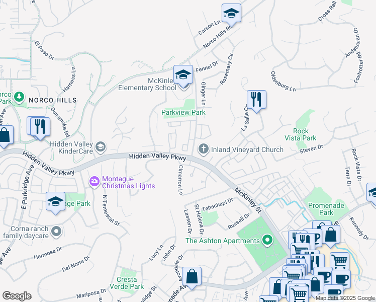 map of restaurants, bars, coffee shops, grocery stores, and more near 1005 Vista Del Cerro Drive in Corona