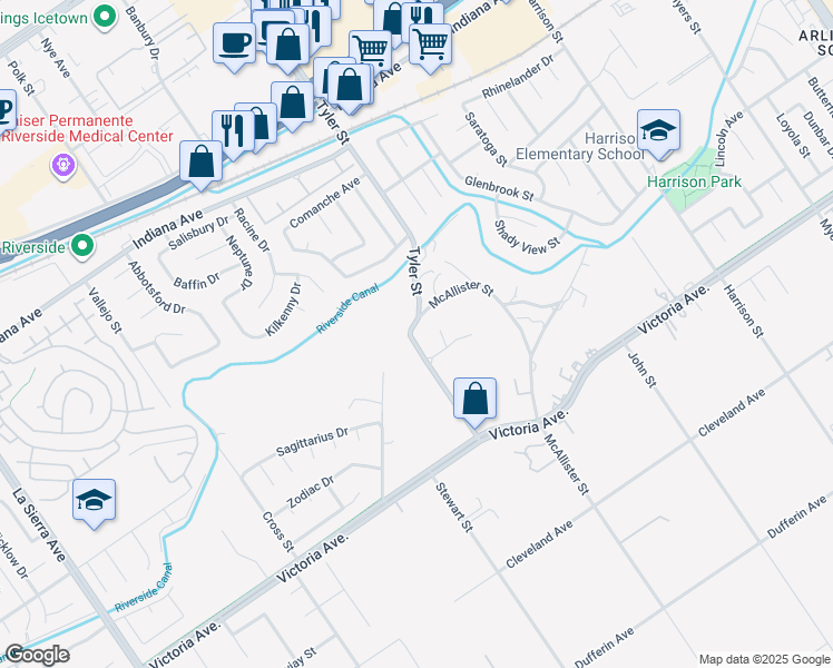 map of restaurants, bars, coffee shops, grocery stores, and more near 2945 Tyler Street in Riverside