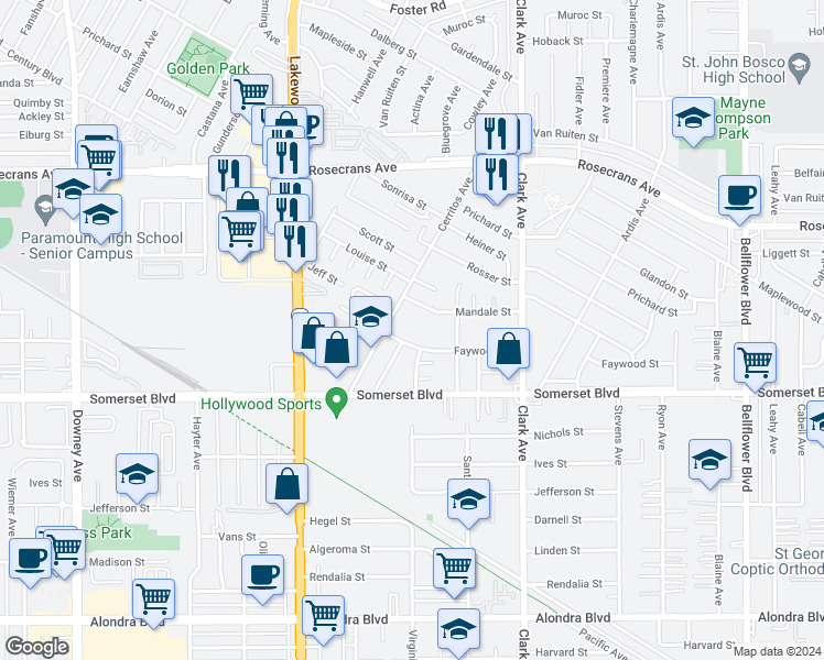 map of restaurants, bars, coffee shops, grocery stores, and more near 9223 Faywood Street in Bellflower