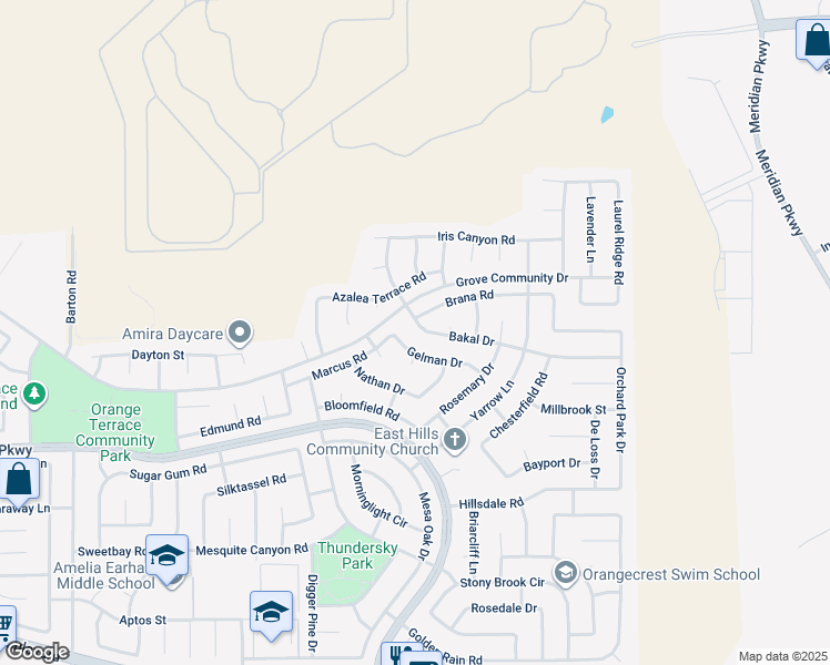 map of restaurants, bars, coffee shops, grocery stores, and more near 20621 Bakal Drive in Riverside