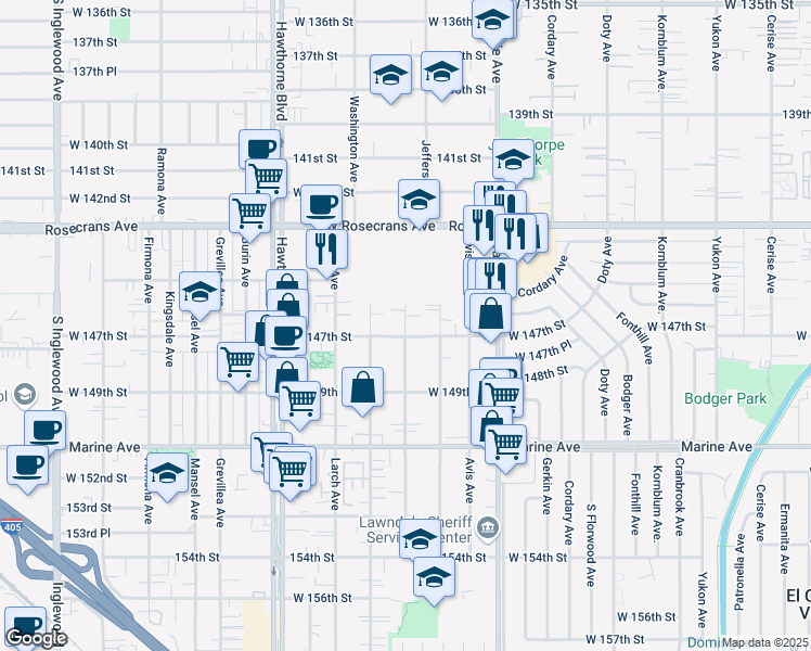 map of restaurants, bars, coffee shops, grocery stores, and more near 4121 West 147th Street in Lawndale