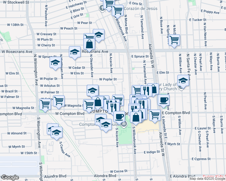 map of restaurants, bars, coffee shops, grocery stores, and more near 307 West Palmer Street in Compton