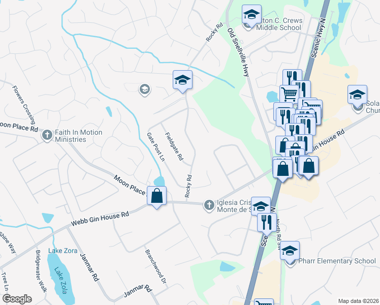 map of restaurants, bars, coffee shops, grocery stores, and more near 1201 Rocky Rd in Lawrenceville