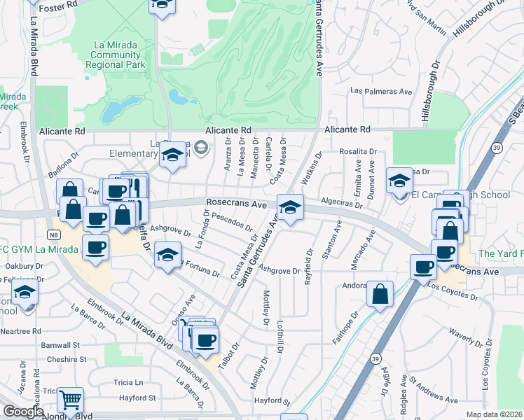 map of restaurants, bars, coffee shops, grocery stores, and more near 14601 Algeciras Drive in La Mirada