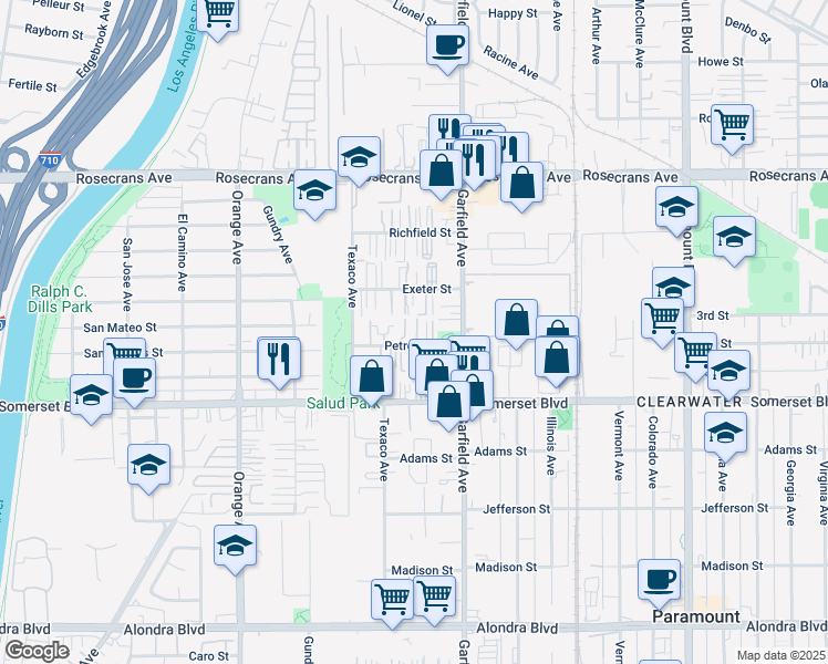 map of restaurants, bars, coffee shops, grocery stores, and more near 7309 Petrol Street in Paramount
