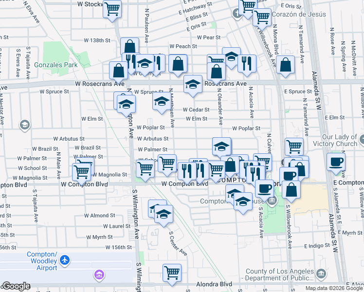 map of restaurants, bars, coffee shops, grocery stores, and more near 521 West Palmer Street in Compton