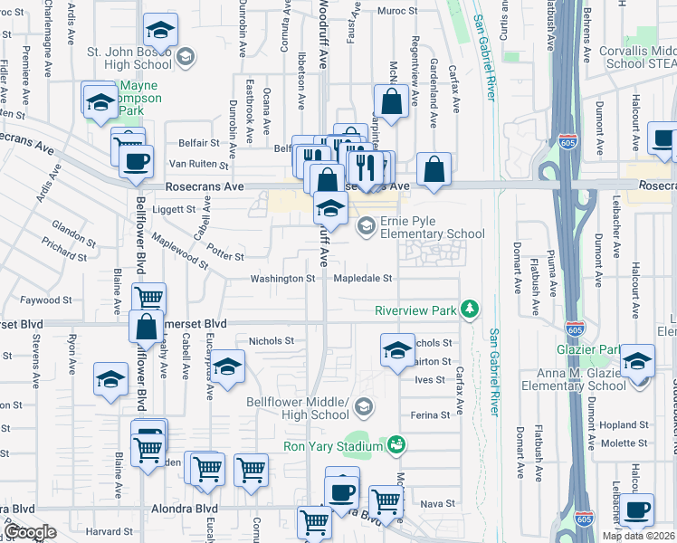 map of restaurants, bars, coffee shops, grocery stores, and more near 10241 Mapledale Street in Bellflower