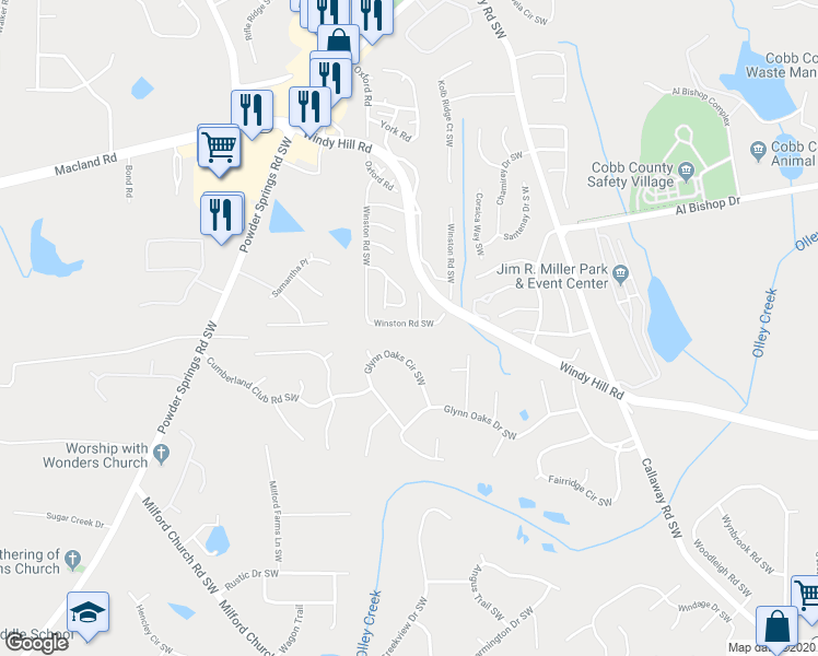 map of restaurants, bars, coffee shops, grocery stores, and more near 395 Winston Road Southwest in Marietta