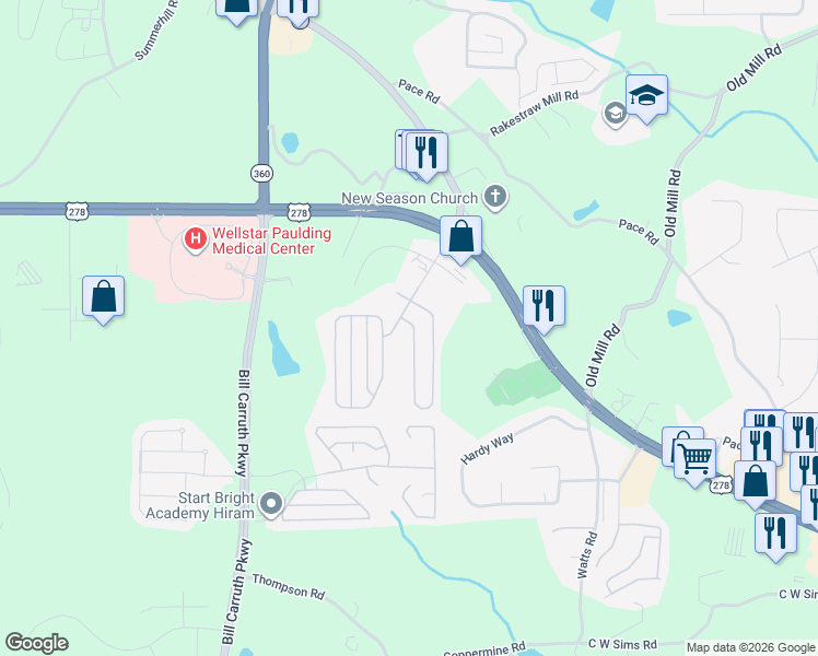 map of restaurants, bars, coffee shops, grocery stores, and more near 108 Highland Falls Drive in Hiram