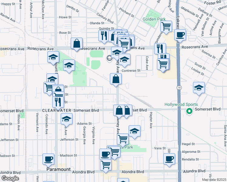 map of restaurants, bars, coffee shops, grocery stores, and more near 14819 Downey Avenue in Paramount