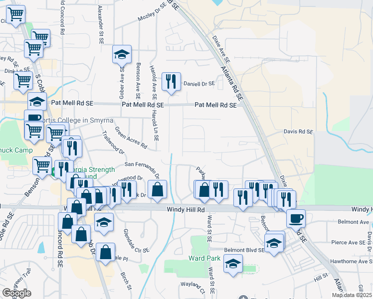 map of restaurants, bars, coffee shops, grocery stores, and more near 827 Chrysler Avenue South East in Smyrna