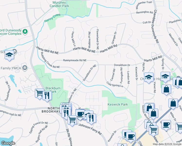 map of restaurants, bars, coffee shops, grocery stores, and more near 3685 Donaldson Drive Northeast in Atlanta