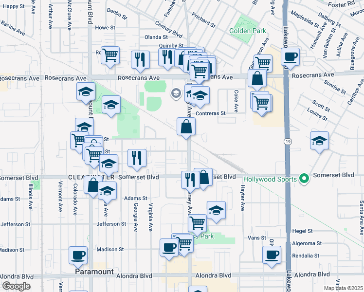 map of restaurants, bars, coffee shops, grocery stores, and more near 14819 Downey Avenue in Paramount