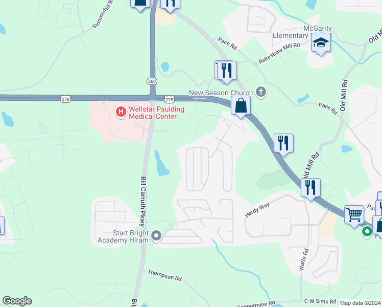 map of restaurants, bars, coffee shops, grocery stores, and more near 28 High Point Way in Hiram