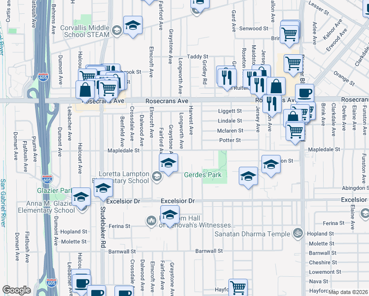 map of restaurants, bars, coffee shops, grocery stores, and more near 14542 Longworth Avenue in Norwalk