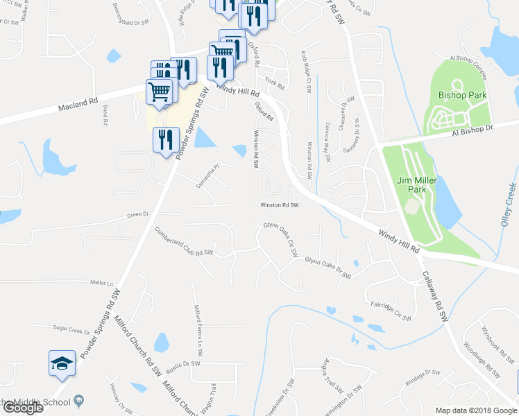 map of restaurants, bars, coffee shops, grocery stores, and more near 352 Winston Road Southwest in Marietta