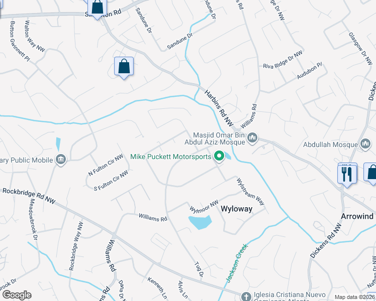 map of restaurants, bars, coffee shops, grocery stores, and more near 5581 Williams Road in Norcross