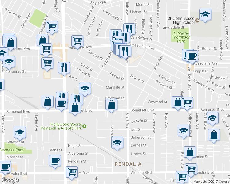map of restaurants, bars, coffee shops, grocery stores, and more near 9320 Mandale Street in Bellflower