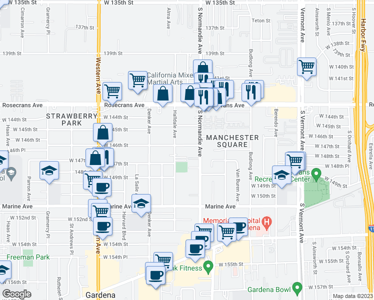 map of restaurants, bars, coffee shops, grocery stores, and more near 1430 West 146th Street in Gardena