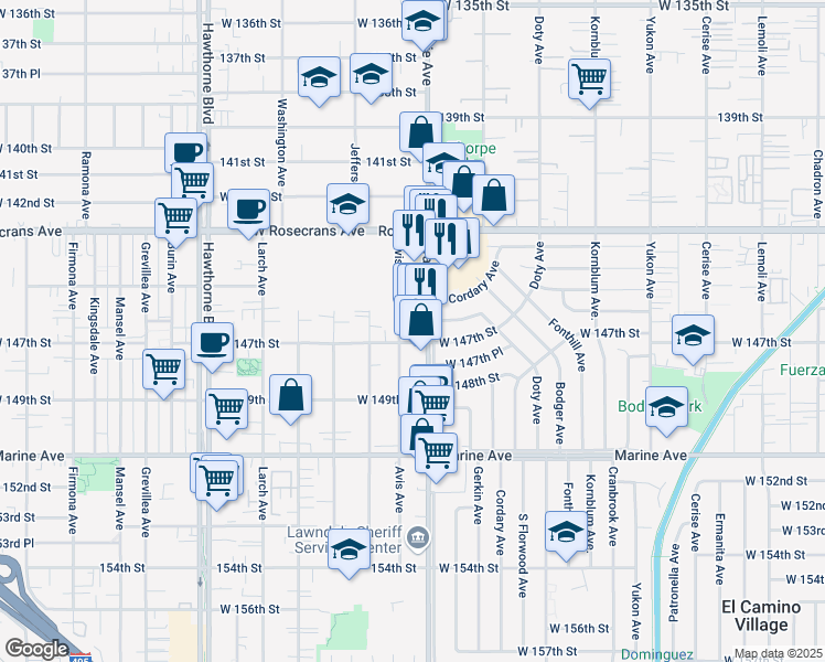 map of restaurants, bars, coffee shops, grocery stores, and more near 4015 West 147th Street in Lawndale