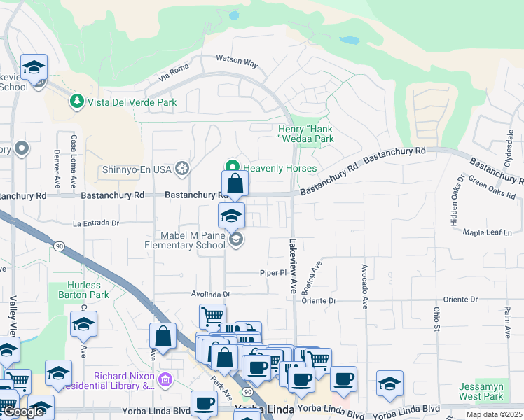 map of restaurants, bars, coffee shops, grocery stores, and more near 4313 Canyon Coral Lane in Yorba Linda