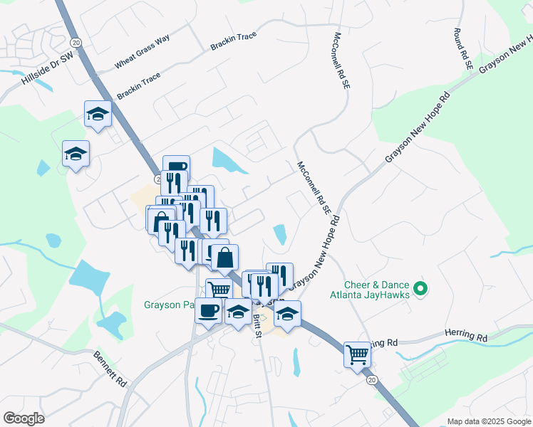 map of restaurants, bars, coffee shops, grocery stores, and more near 549 Bishopton Street Southeast in Grayson