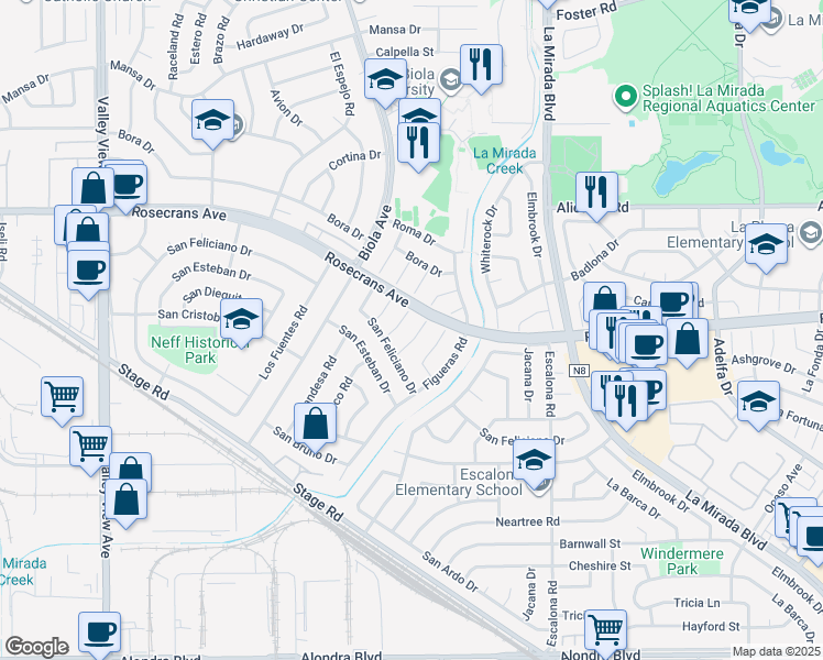 map of restaurants, bars, coffee shops, grocery stores, and more near 14525 Florita Road in La Mirada