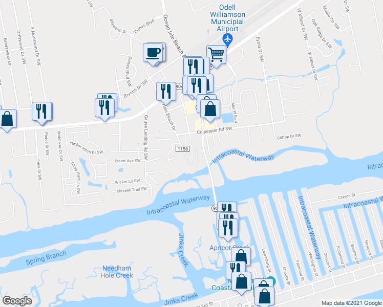 map of restaurants, bars, coffee shops, grocery stores, and more near 6285 Basilwood Drive Southwest in Ocean Isle Beach