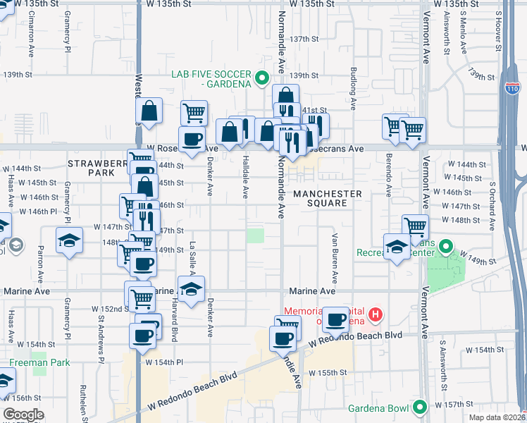 map of restaurants, bars, coffee shops, grocery stores, and more near 1430 West 146th Street in Gardena