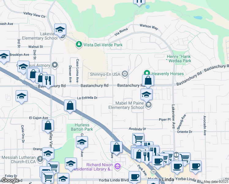 map of restaurants, bars, coffee shops, grocery stores, and more near 4292 Eureka Avenue in Yorba Linda